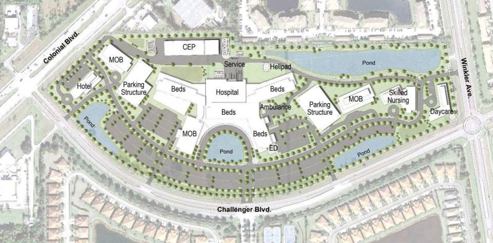 Aerial rendering of Lee Health's planned hospital on Challenger Boulevard in Fort Myers