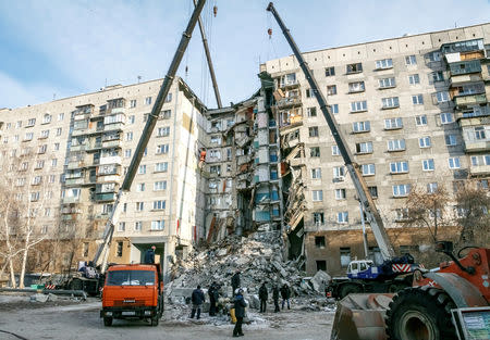 A general view shows a partially collapsed apartment block in Magnitogorsk, Russia January 1, 2019. REUTERS/Andrey Serebryakov