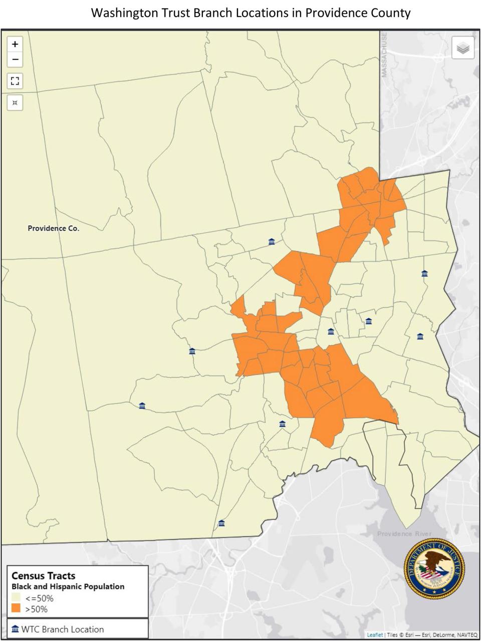 This map shows the majority Black and Hispanic census tracts in Rhode Island in Orange and the Washington Trust branches in the state, all of which are outside of those communities.