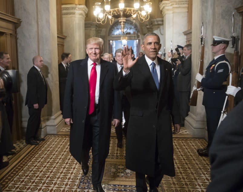 WASHINGTON, USA – JANUARY 20: (EDITORIAL USE ONLY) President-elect Donald Trump and former President Barack Obama arrive for Trumps inauguration ceremony at the Capitol in Washington, USA on January 20, 2017. (Photo by J. Scott Applewhite / Pool / AP/Anadolu Agency/Getty Images)