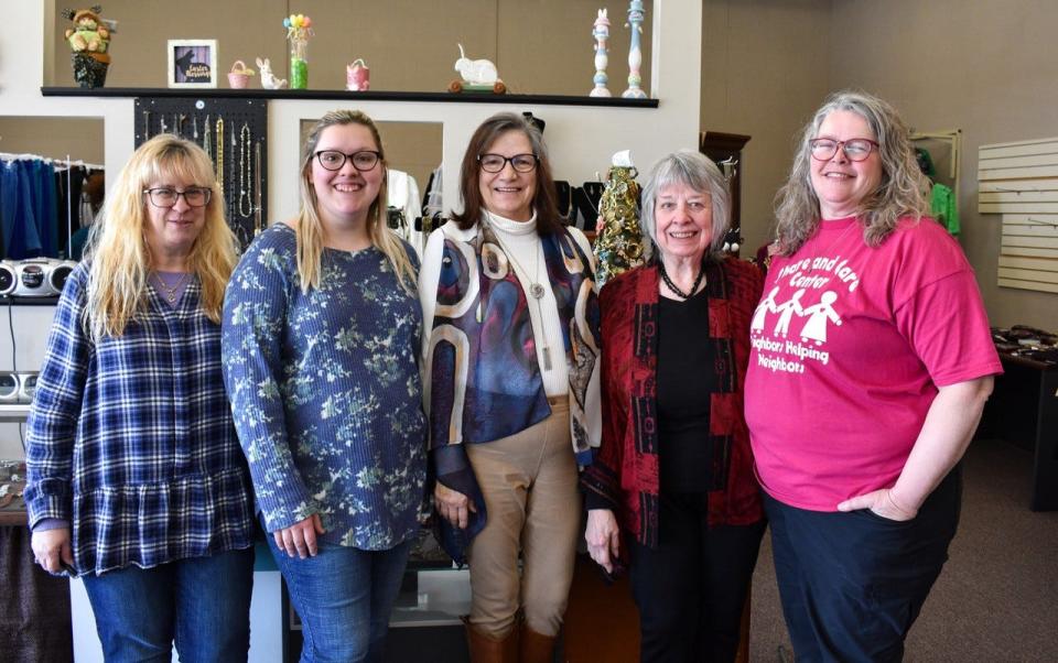 Twice Blessed is run by a team of dedicated employees and volunteers. Shown here are, from left, employee Heather Powell, employee Grace Bolling, employee Deb Meyer, volunteer cashier Eve Foreman and Executive Director Lynette Kirsch.