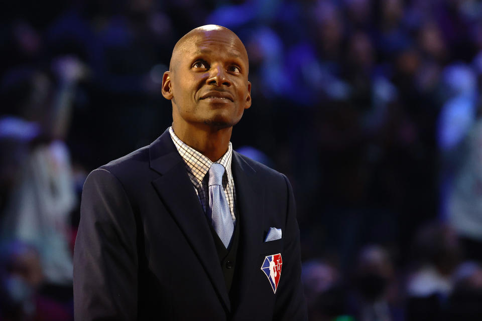 CLEVELAND, OHIO - FEBRUARY 20: Ray Allen reacts after being introduced as part of the NBA 75th Anniversary Team during the 2022 NBA All-Star Game at Rocket Mortgage Fieldhouse on February 20, 2022 in Cleveland, Ohio. NOTE TO USER: User expressly acknowledges and agrees that, by downloading and or using this photograph, User is consenting to the terms and conditions of the Getty Images License Agreement. (Photo by Tim Nwachukwu/Getty Images)