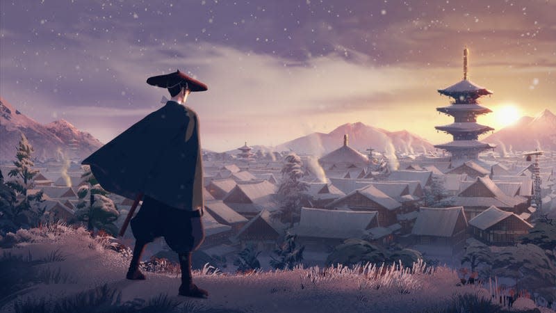 Mizu in a scene from Netflix's Blue Eye Samurai, overlooking a compound.
