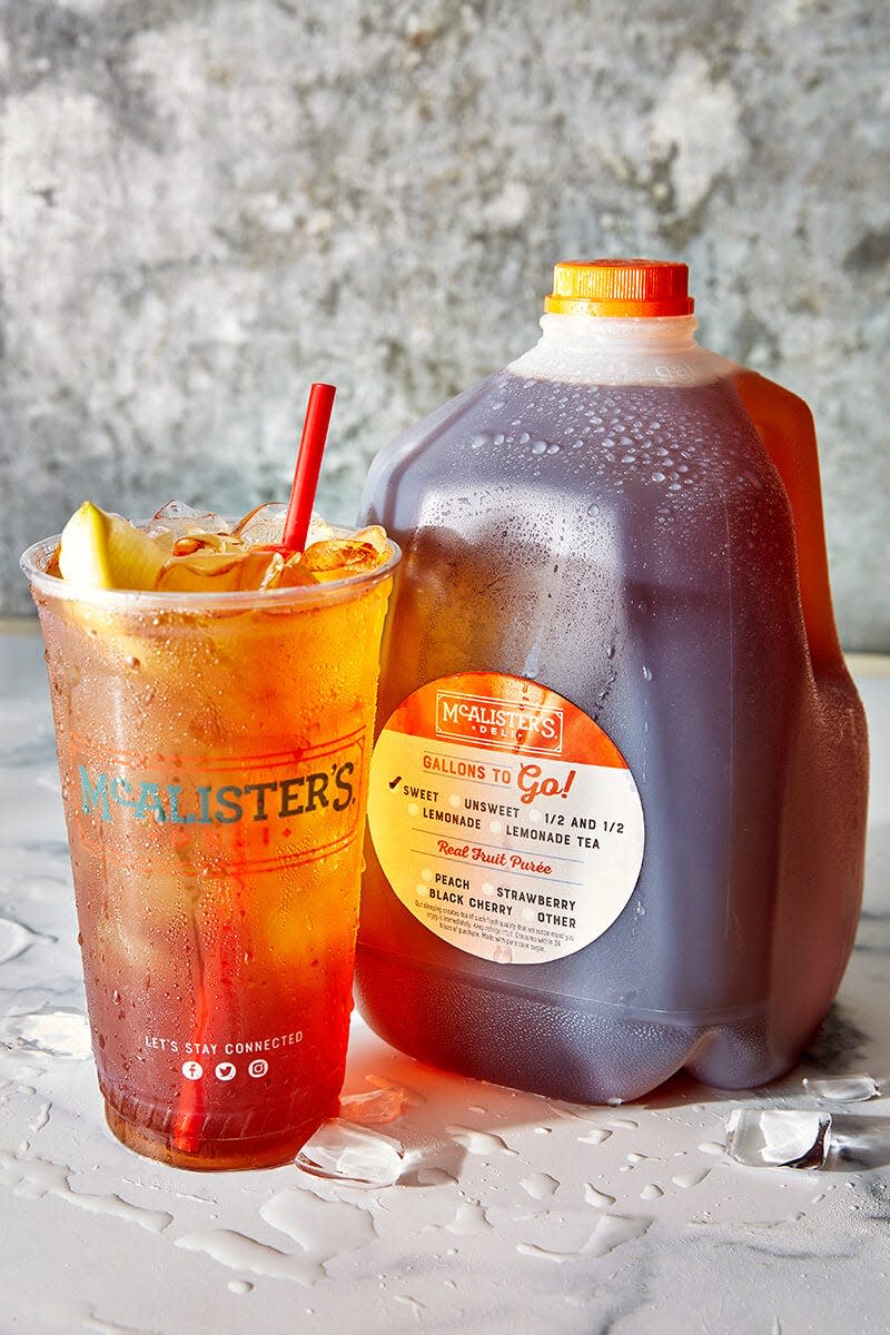 One of the many food and drink options offered by McAlister's Deli is its Famous Sweet Tea. The beverage can be purchased in-store and poured over ice, or it can be purchased in gallon to-go sizes. The restaurant also offers a daily tea pass for rewards members.