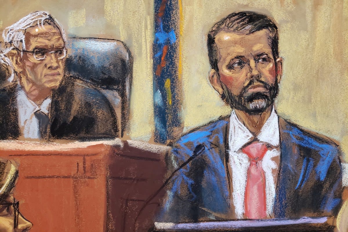 A courtroom sketch depictes Donald Trump Jr on the witness stand next to Judge Arthur Engoron on 1 November (REUTERS)