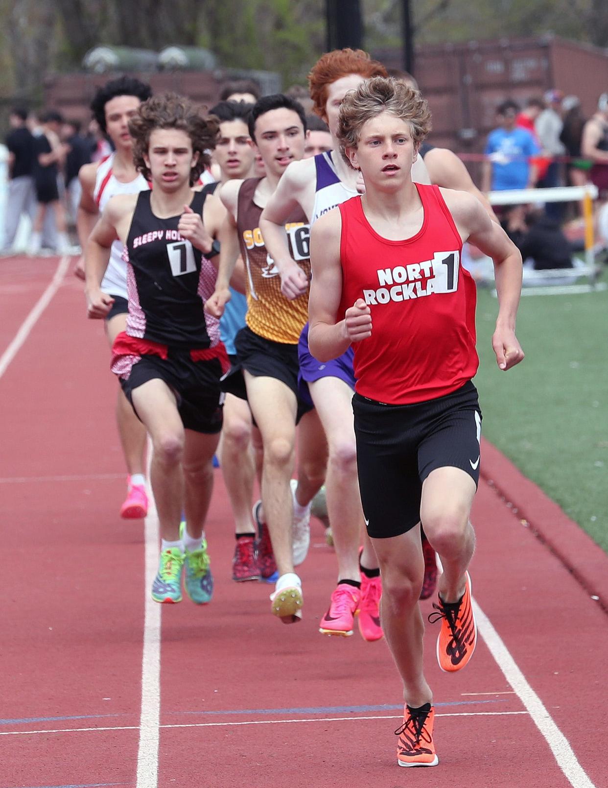 North Rockland sophomore Ryan Touhy on his way to winning the boys 1,600 at the annual Gold Rush Invitational track and field meet at Clarkstown South High School in West Nyack Aril 27, 2024.
(Credit: Frank Becerra Jr./The Journal News)