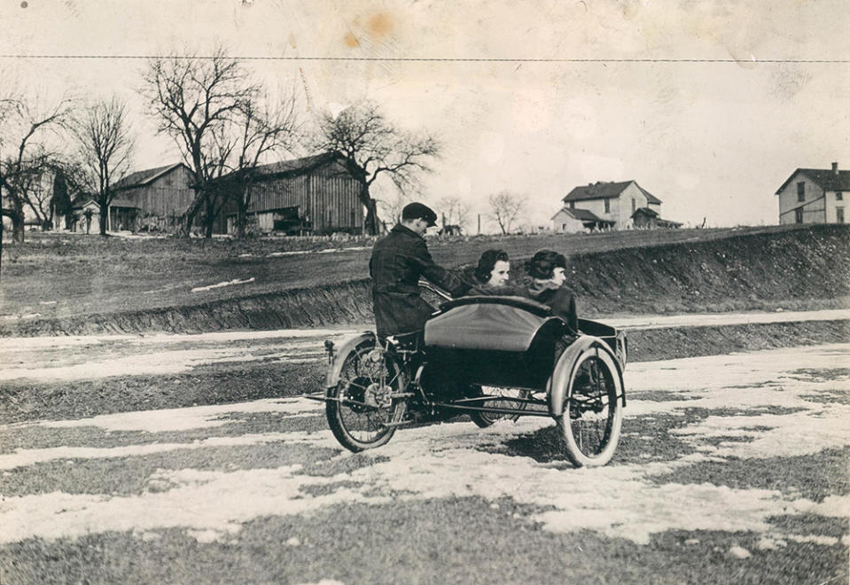 Even with a wide body sidecar, motorcycles just could not compete with the automobile when it came to "family transportation". Photo courtesy of the CRF Museum / Mohican Historical Society, Loudonville Ohio.