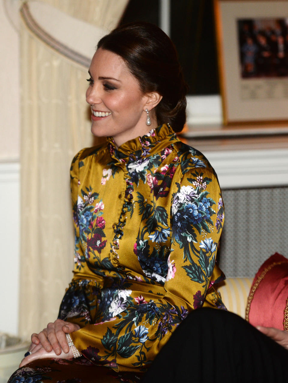 <p><strong>The occassion:</strong> A dinner hosted by the British Ambassador in Stockholm.<br><strong>The look:</strong> A mustard and floral print, satin gown by Erdem, costing £1,945.<br>[Photo: Getty] </p>