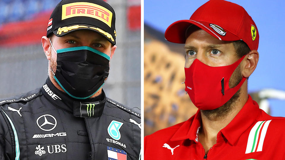 A 50-50 split image shows Mercedes driver Valtteri Bottas on the left and Ferrari counterpart Sebastian Vettel on the right. 