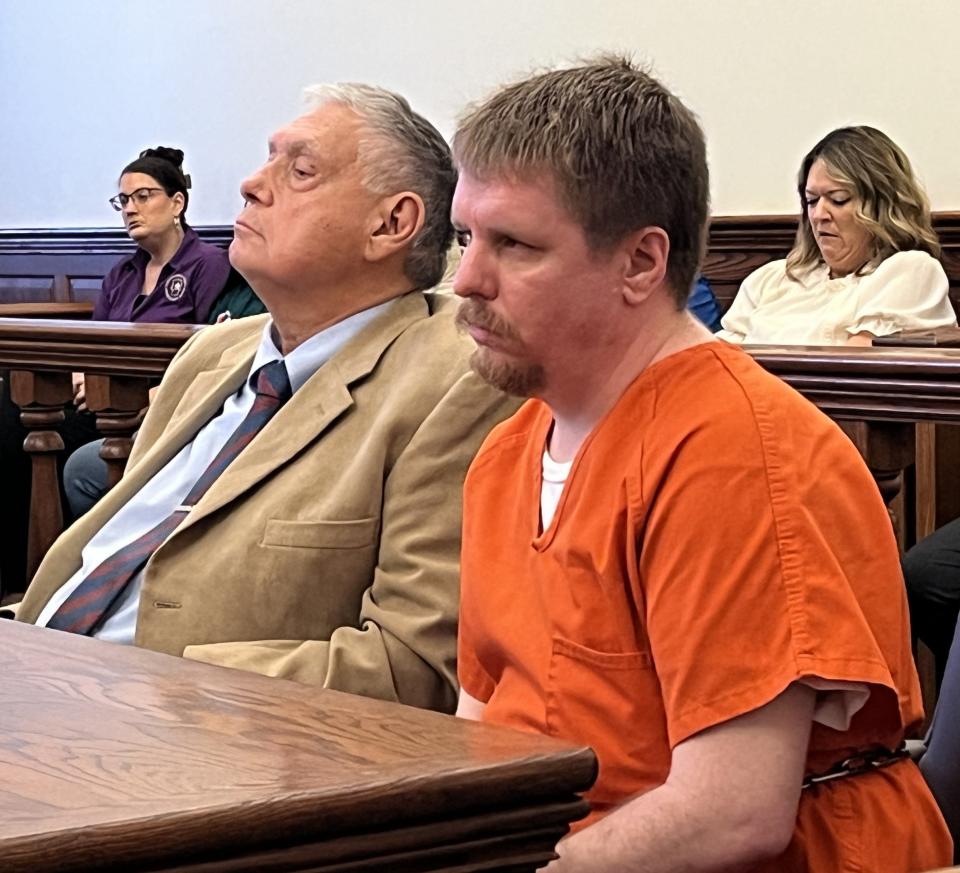 Jason M. Gordon appears with his attorney, Richard Drake, in Tuscarawas County Common Pleas Court on Monday, where Gordon was sentenced on three counts of rape and three counts of gross sexual imposition.