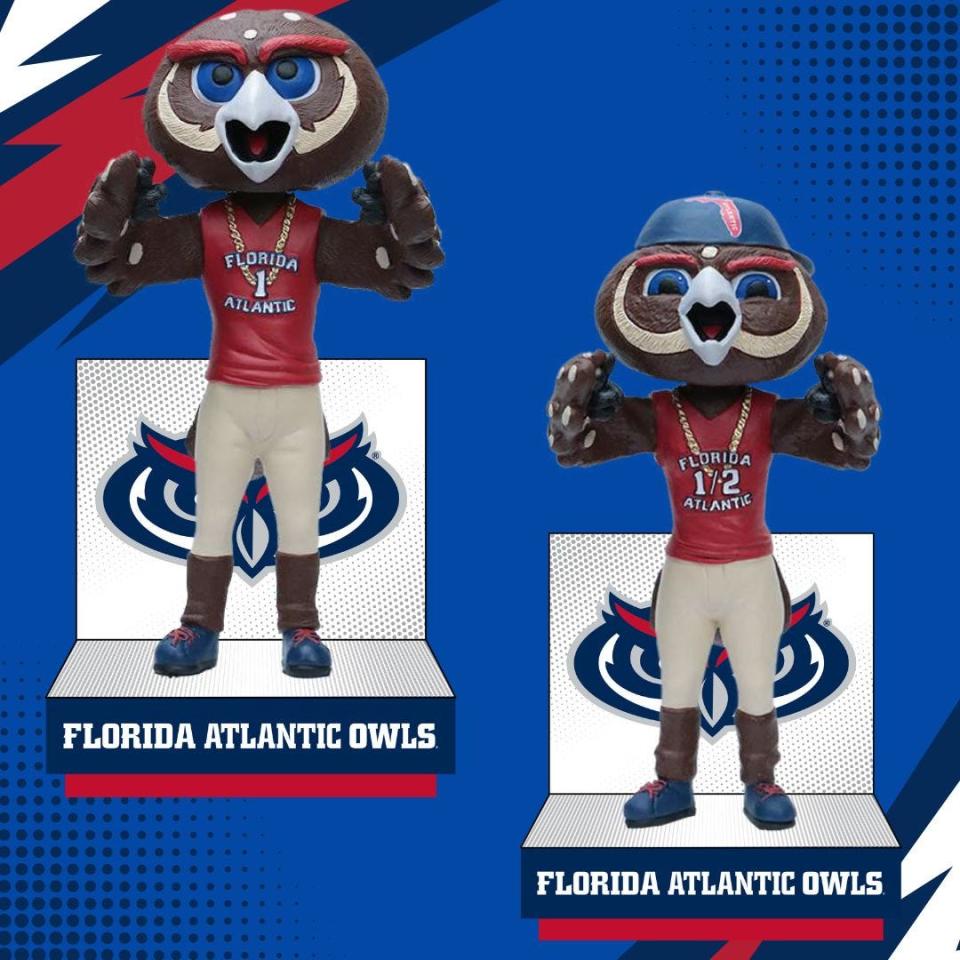 The bobbleheads are Florida Atlantic’s mascots, Hoot and Owlsley, standing on a base with the school's colors and logo in the background.