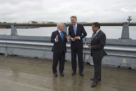 (Left-right) Declan Collier CEO of London City Airport, Chancellor Philip Hammond and Minister for Aviation Lord Ahmad during a visit to London City Airport, Britain July 27, 2016. REUTERS/Stefan Rousseau/Pool