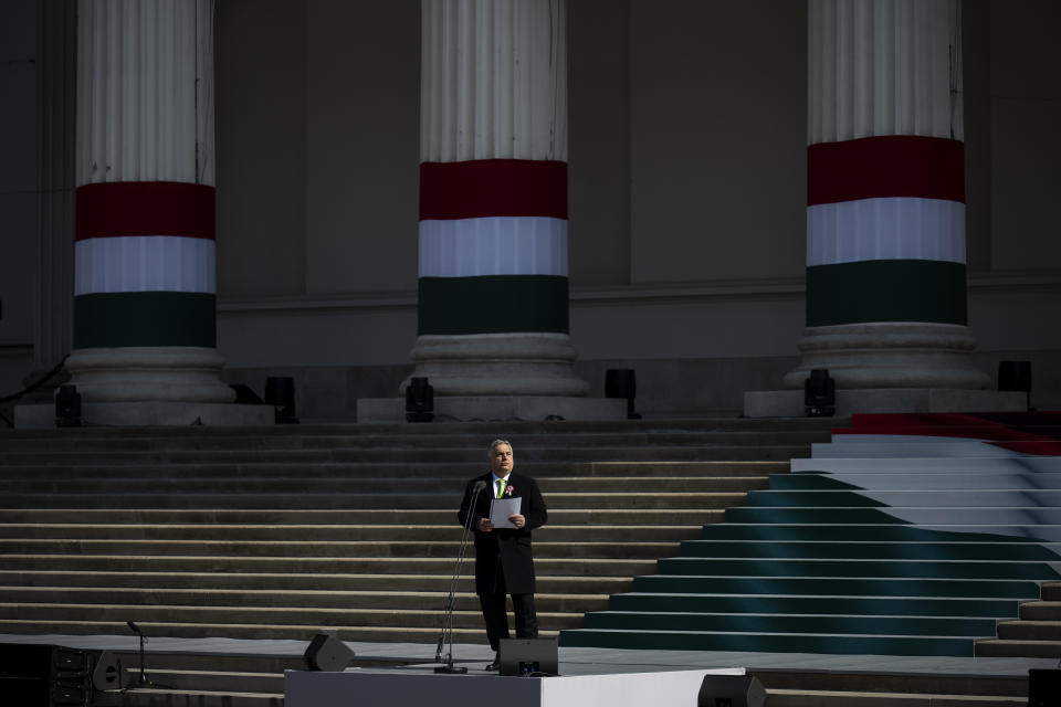 Hungarian Prime Minister Viktor Orban gives a speech on the steps of the National Museum in Budapest, Hungary, on Friday, March 15, 2024. Orban's speech, commemorating the 176th anniversary of Hungary's failed uprising against Habsburg rule, came as his government seeks to mitigate political damage from the resignation of its former president who stepped down in February over a pardon scandal. (AP Photo/Denes Erdos)