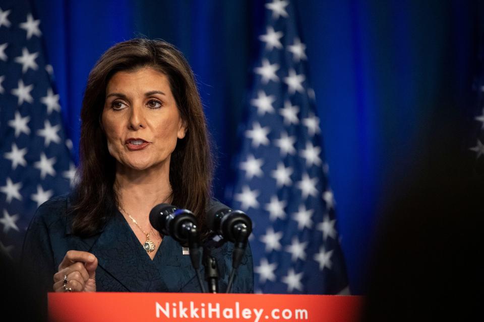 Presidential candidate Nikki Haley delivers a speech at Greenville ONE in downtown Greenville, S.C., on Tuesday, Feb. 20, 2024.