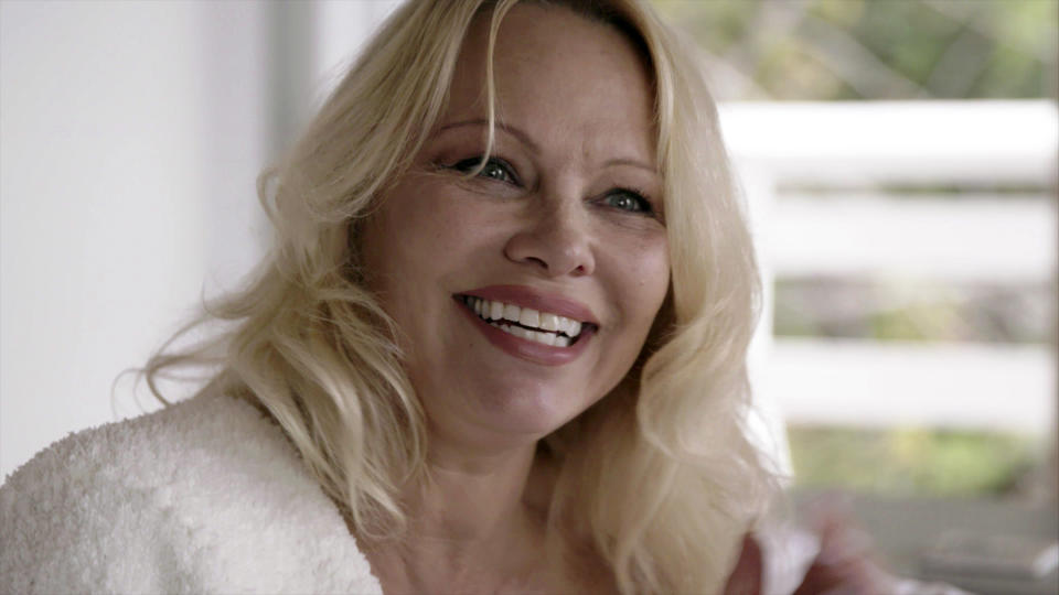 This image released by Netflix shows Pamela Anderson in a scene from the documentary "Pamela, A Love Story." (Netflix via AP)