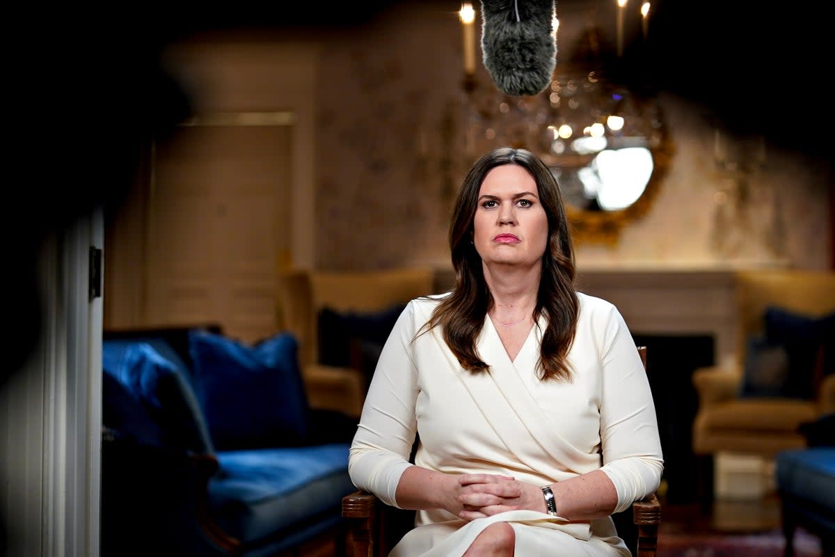 Sarah Huckabee Sanders waits to deliver the Republican response to the State of the Union address by President Joe Biden on 7 February 2023 in Little Rock, Arkansas (Getty Images)