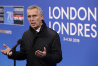 NATO Secretary General Jens Stoltenberg gives a statement prior to the arrival of NATO leaders meeting at The Grove hotel and resort in Watford, Hertfordshire, England, Wednesday, Dec. 4, 2019. As NATO leaders meet and show that the world's biggest security alliance is adapting to modern threats, NATO Secretary-General Jens Stoltenberg is refusing to concede that the future of the 29-member alliance is under a cloud. (AP Photo/Matt Dunham)