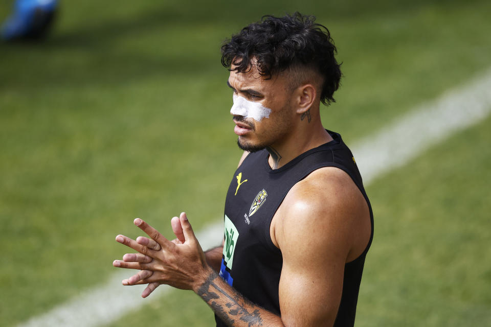 Seen here, Richmond's Sydney Stack looks on during a Tigers training session.