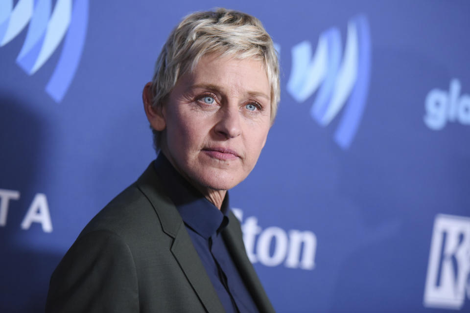 FILE - In this March 21, 2015, file photo, Ellen DeGeneres arrives at the 26th Annual GLAAD Media Awards held at the Beverly Hilton Hotel, in Beverly Hills, Calif. On the Feb. 23, 2017, episode of her chat show, DeGeneres handed out four-year scholarships paid for by Wal-Mart to the entire senior class of a New York City charter school. (Photo by Richard Shotwell/Invision/AP, File)