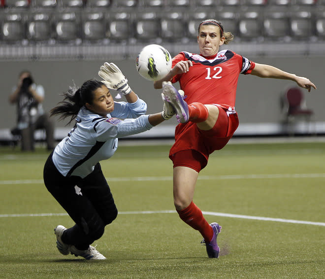 VANCOUVER, CANADA - JANUARY 23: Christine Sinclair #12 of Canada chips the ball over Julieth Arias #1 of Costa Rica for Canada's first goal during the 2012 CONCACAF Women's Olympic Qualifying Tournament at BC Place on January 23, 2012 in Vancouver, British Columbia, Canada. (Photo by Jeff Vinnick/Getty Images)