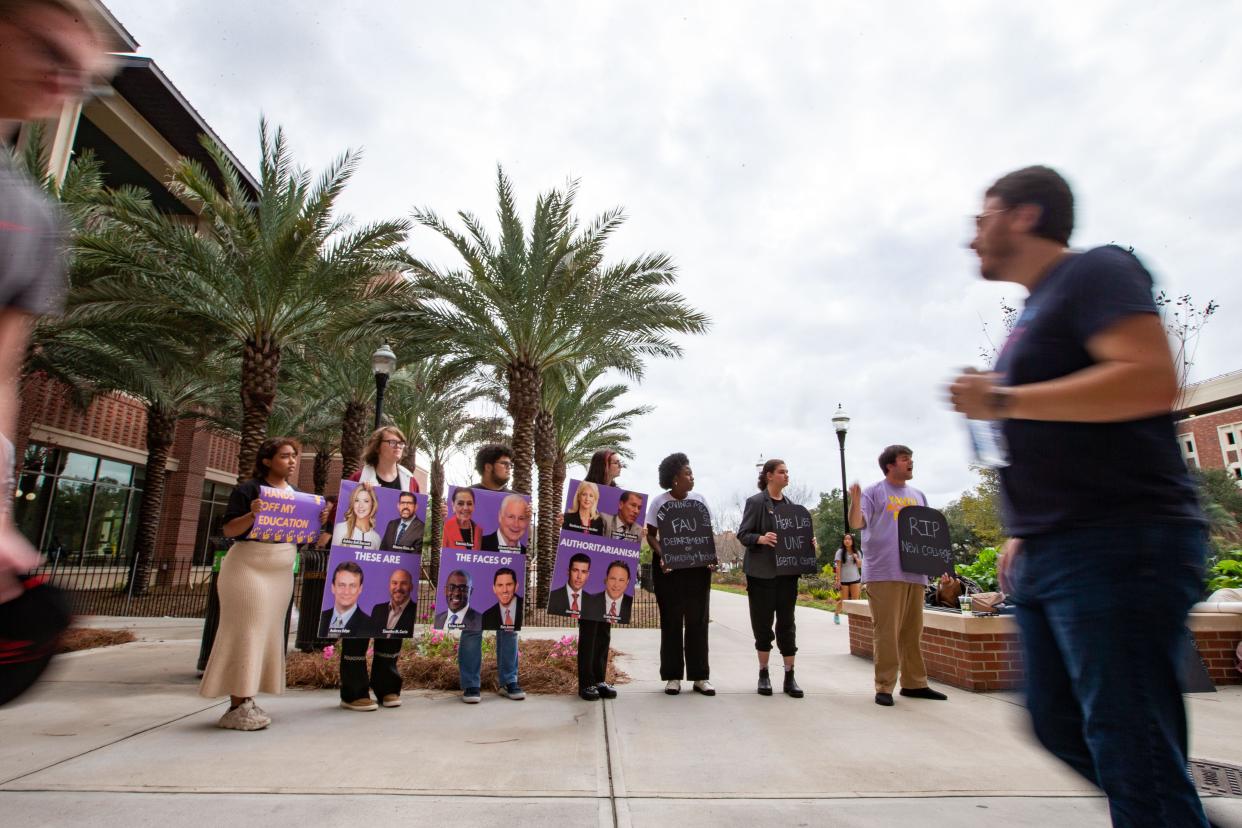 Dozens of students rally outside the Florida State University Student Union to “defend diversity” and voice their opposition of cuts to Sociology and other DEI initiatives as a Florida Board of Governors meeting was held inside the building on Jan. 24.