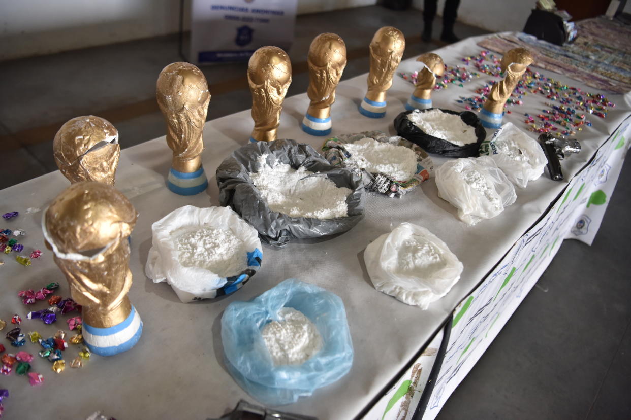 The so-called “Narcos de la Copa” organization hid cocaine in fake World Cup trophies. The organization was busted in Argentina on Friday. (AP)