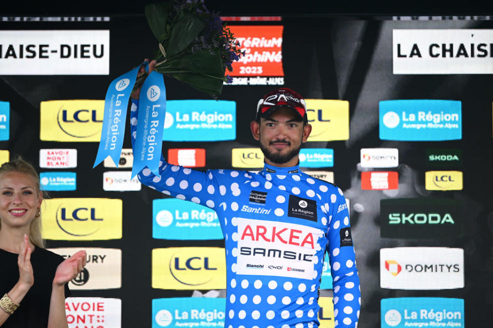 LA CHAISEDIEU FRANCE  JUNE 05 Donavan Grondin of France and Team Arka Samsic  Polka Dot Mountain Jersey celebrates at podium during the 75th Criterium du Dauphine 2023 Stage 2 a 1673km stage from BrassaclesMines to La ChaiseDieu 1080m  UCIWT  on June 05 2023 in La ChaiseDieu France Photo by Dario BelingheriGetty Images