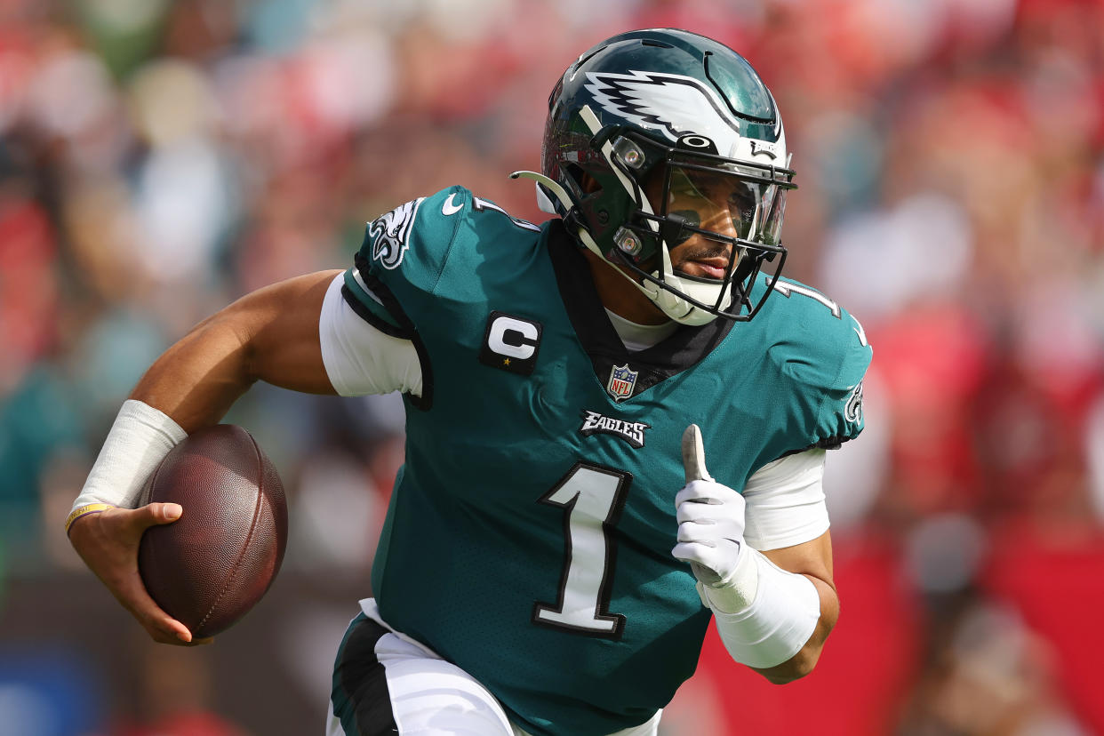 TAMPA, FLORIDA - JANUARY 16: Jalen Hurts #1 of the Philadelphia Eagles in action against the Tampa Bay Buccaneers in the first half of the NFC Wild Card Playoff game at Raymond James Stadium on January 16, 2022 in Tampa, Florida.  (Photo by Michael Reaves/Getty Images)