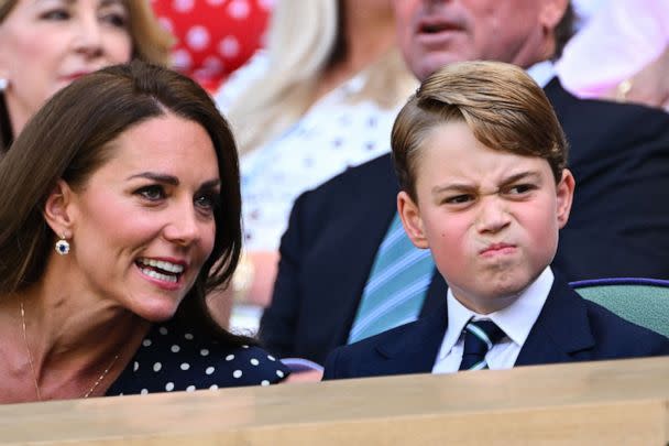 PHOTO:  Catherine, Duchess of Cambridge talks to her son Prince George as they attend the men's singles final tennis match between Serbia's Novak Djokovic and Australia's Nick Kyrgios at the 2022 Wimbledon Championships in London, July 10, 2022. (Sebastien Bozon/AFP via Getty Images)