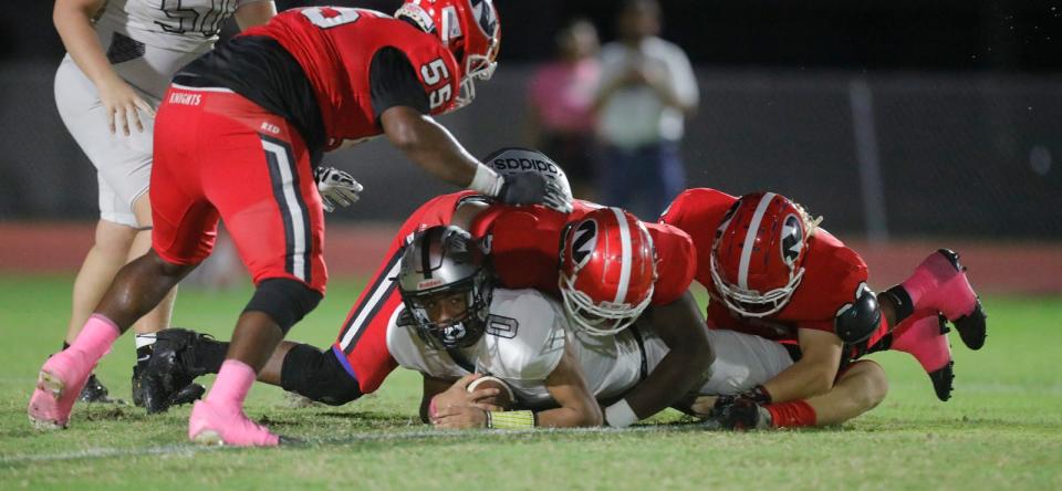 The Mariner High School Tritons visited the North Fort Myers Red Knights on Friday, Oct. 13, 2023 for a district matchup. Mariner defeated North Fort Myers with a final score of 27-23.