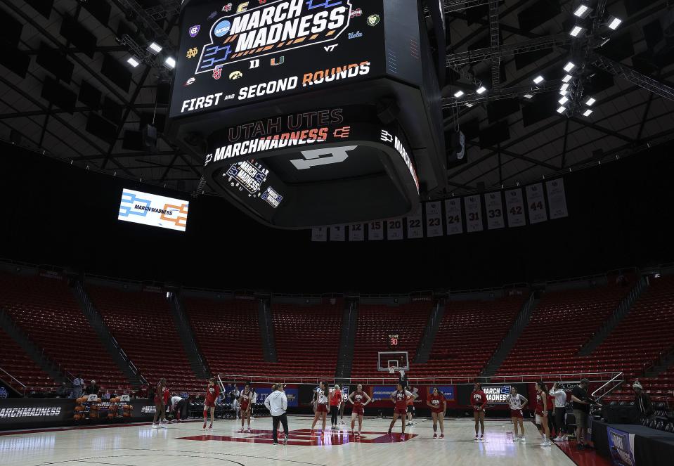 Utah practices at the Jon M. Huntsman Center in Salt Lake City on Thursday, March 16, 2023. The Utes will face No. 15 seed Gardner-Webb in the first round of the NCAA Tournament on Friday at 5:30 p.m. MDT at the Huntsman Center.