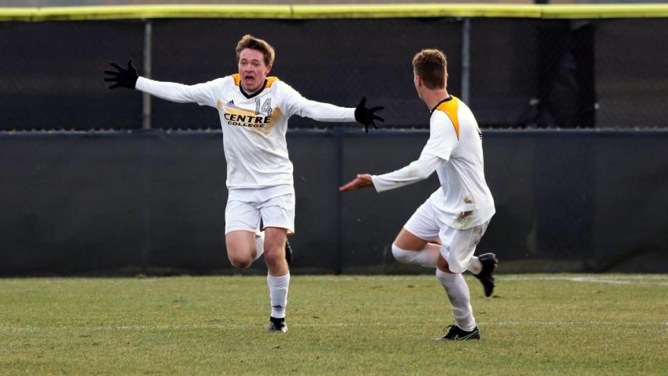 Centre junior forward Dylan Barth (14) scored with 50 seconds remaining in regulation to send Sunday’s match against Montclair State to overtime. Will Newton’s goal in overtime sent the Colonels to the Final Four.