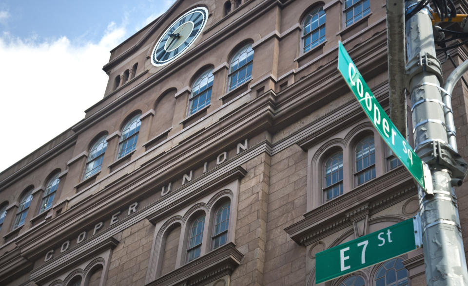 FILE - A detail of Cooper Union's Foundation Building shows its location in the East Village, Thursday, April 23, 2015, in New York. The federal government has opened civil rights investigations at seven schools and universities over allegations of antisemitism or Islamophobia since the outbreak of the Israel-Hamas war. (AP Photo/Bebeto Matthews, File)