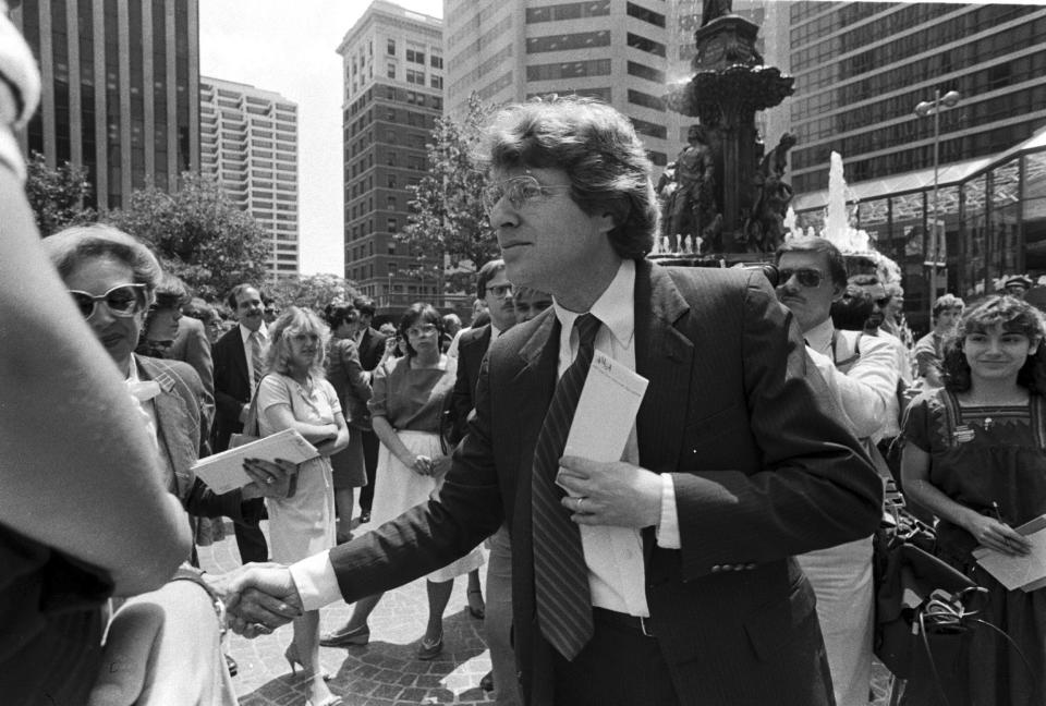 Democratic gubernatorial candidate Jerry Springer greets supporters at a rally on Fountain Square in Cincinnati, Ohio on June 3, 1982. Springer, the former Cincinnati mayor and news anchor whose namesake TV show unleashed strippers, homewreckers, and skinheads to brawl and spew obscenities on weekday afternoons, has died. He was 79.