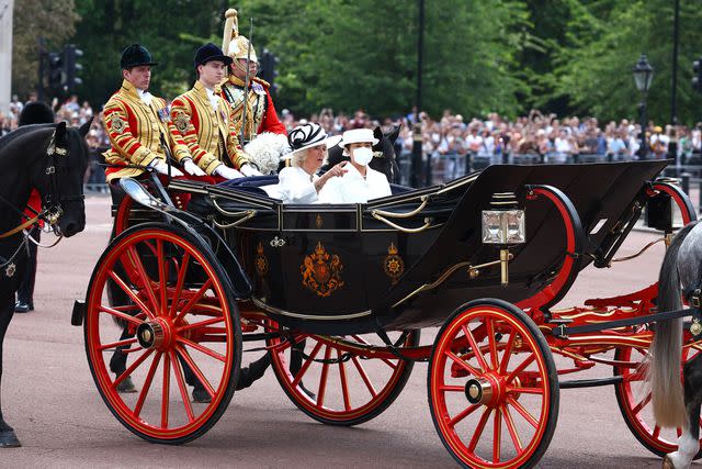 <p>Peter Nicholls/Getty</p> Queen Camilla and Empress Masako travel by carriage at the ceremonial welcome on June 25, 2024 in London.