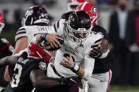 Georgia linebacker Azeez Ojulari (13) and a teammate sack Mississippi State quarterback Will Rogers (2) during the second half of an NCAA college football game Saturday, Nov. 21, 2020, in Athens, Ga. (AP Photo/Brynn Anderson)