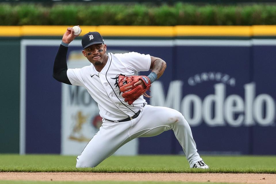 Detroit Tigers second baseman Andy Ibanez (77) throws towards the first base against New York Mets during the sixth inning at Comerica Park in Detroit on Thursday, May 4, 2023.