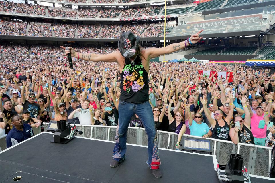Bret Michaels of Poison performs onstage during The Stadium Tour at Truist Park on June 16, 2022 in Atlanta, Georgia.