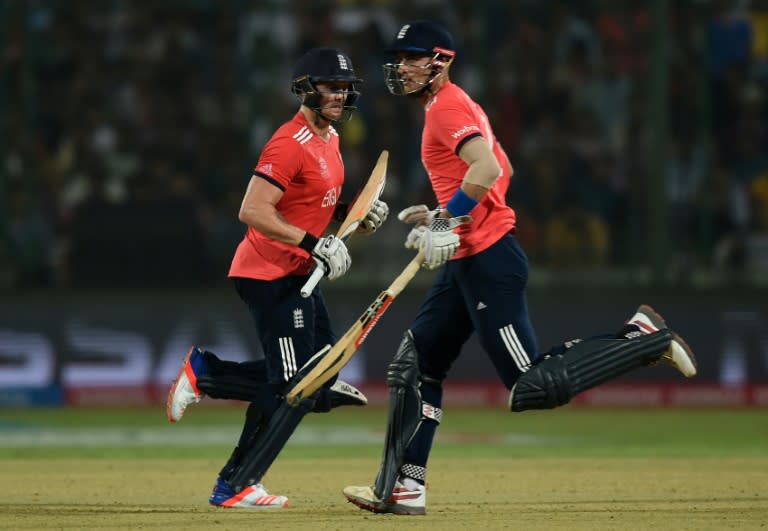 England's Alex Hales (right) and Jason Roy during the World T20 semi-final against New Zealand in New Delhi on March 30, 2016