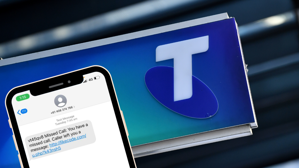 Image of Telstra logo, phone screenshot of suspicious text