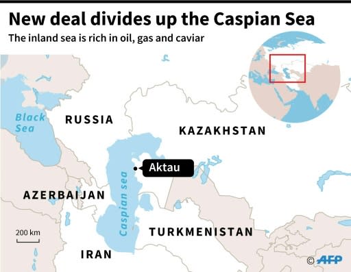 A map of the Caspian Sea locating Aktau, in Kazakhstan, where a deal was signed Sunday by surrounding countries which ends decades of dispute over the inland sea rich in oil, gas and caviar