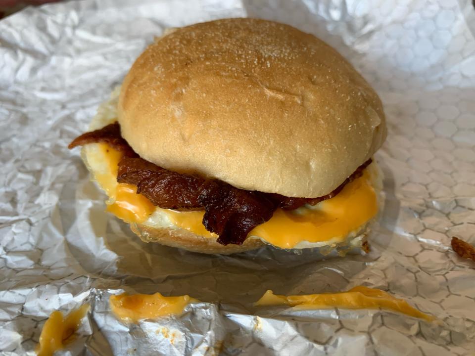 Wendy's breakfast sandwich on original wrapping