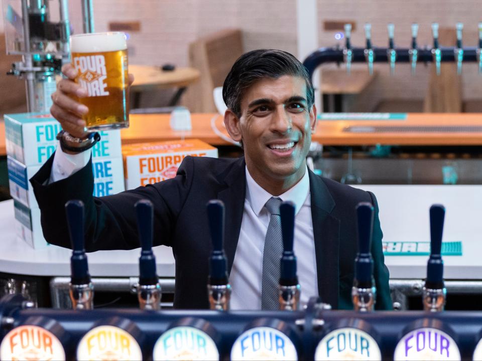 Sunak is pictured on a visit to Fourpure Brewery, in London’s Bermondsey, on Wednesday (Getty)