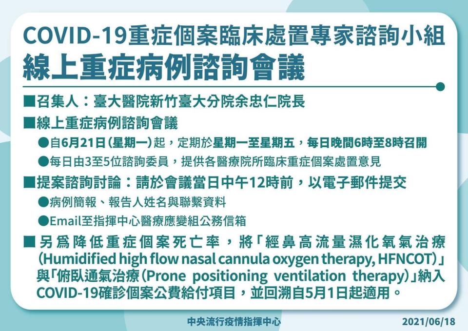 台大醫院新竹台大分院余忠仁院長擔任召集人，邀集全國22位重症個案臨床處置專家擔任諮詢委員，建立COVID-19重症個案處置諮詢平台。（指揮中心提供）