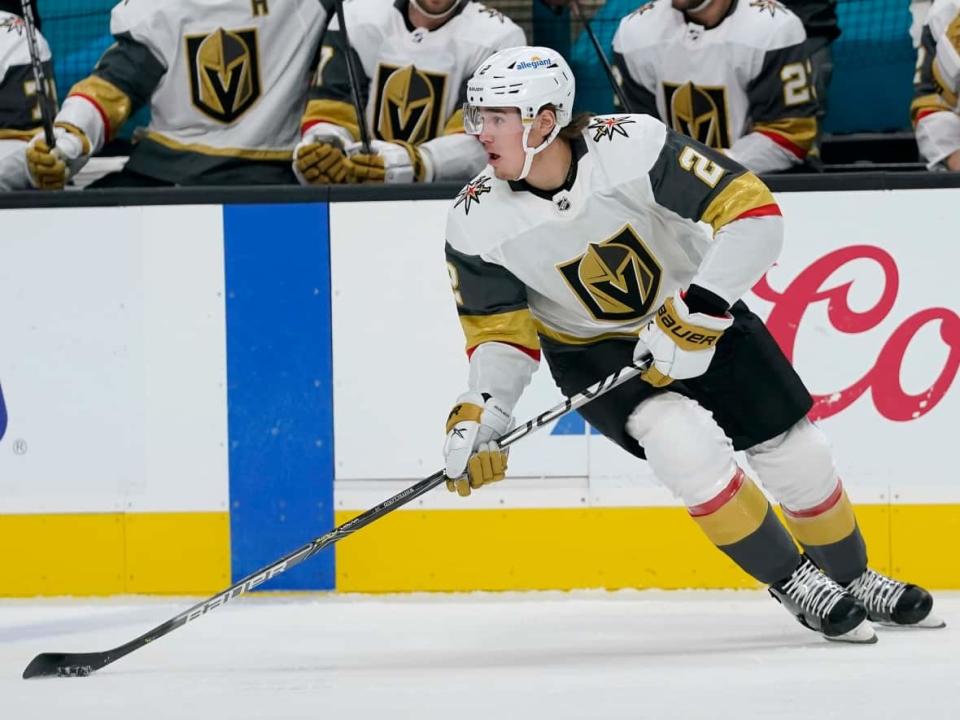 Vegas Golden Knights defenseman Zach Whitecloud skates against the San Jose Sharks during the first period of an NHL hockey game in San Jose, Calif., Saturday, March 6, 2021. (AP Photo/Jeff Chiu) (Jeff Chiu/Associated Press - image credit)