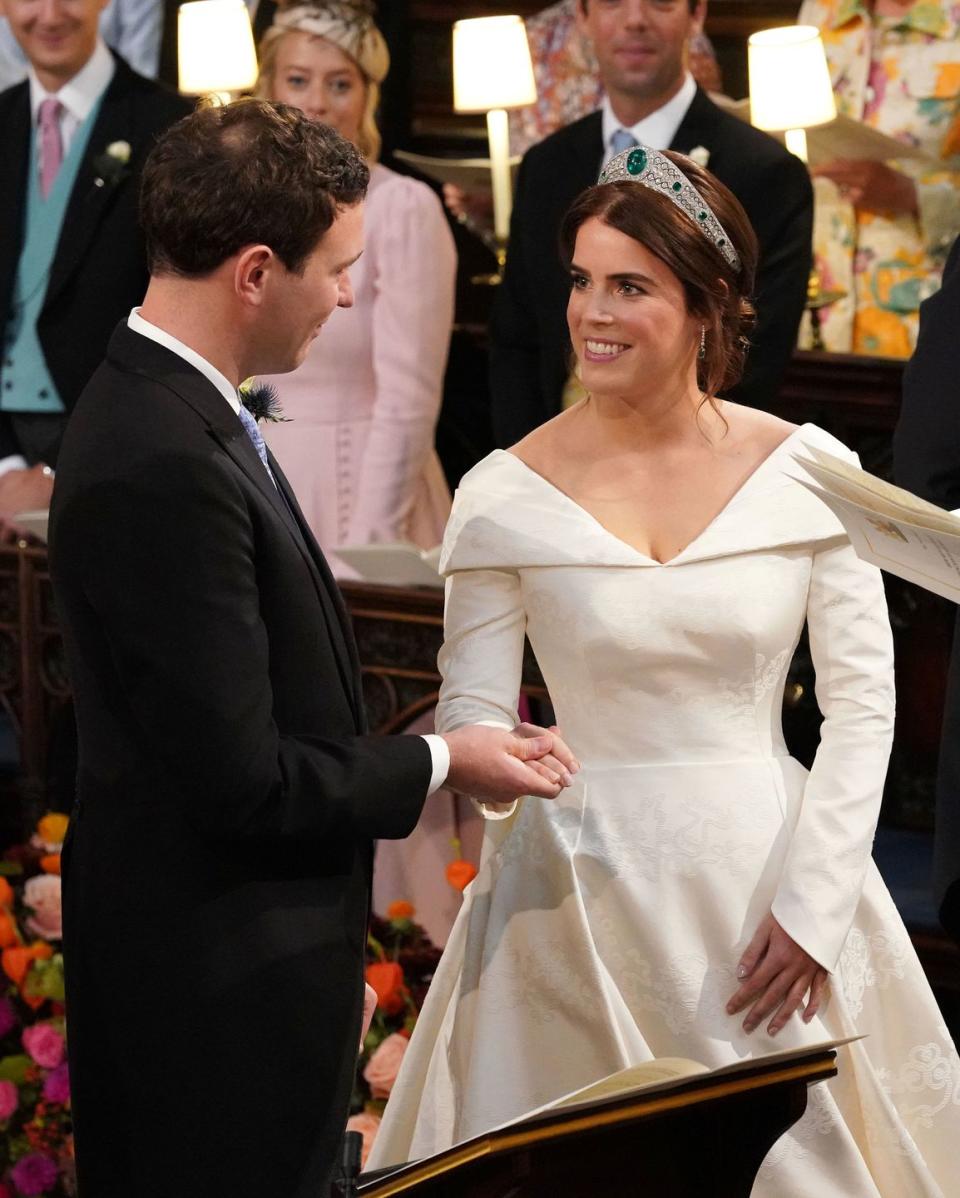 <p>Designers Peter Pilotto and Christopher De Vos used several <a rel="nofollow noopener" href="https://www.royal.uk/wedding-princess-eugenie-and-jack-brooksbank-wedding-dress-and-bridal-party-outfits" target="_blank" data-ylk="slk:motifs;elm:context_link;itc:0;sec:content-canvas" class="link ">motifs</a> to create the custom jacquard fabric woven in Italy. There's thistle for Scotland, a nod to the couple's love for Balmoral; shamrock for Ireland, where the Ferguson family is from; the York Rose; and ivy representing Ivy Cottage, where the couple lives. </p>