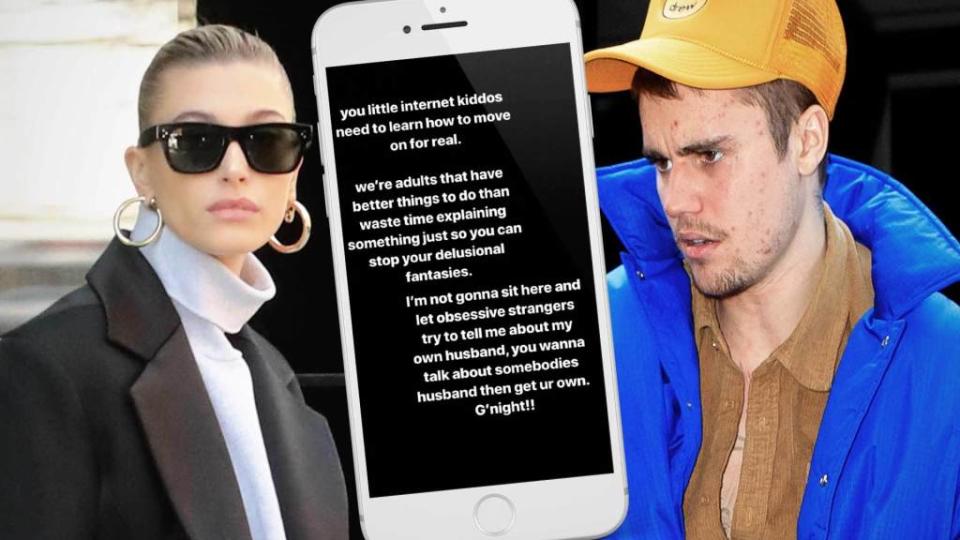 <p>Hailey Bieber won’t let you badmouth her man. The model lashed out at “obsessive strangers” who are bullying her on social media about Justin Bieber. Clapping back at all “you little internet kiddos,” she stands up for her man and their marriage in an Instagram Story post (which has since been deleted). “[Y]ou little internet […]</p> <p>The post <a rel="nofollow noopener" href="https://theblast.com/hailey-bieber-defends-justin-deleted-post/" target="_blank" data-ylk="slk:Hailey Bieber Defends Marriage to Justin Bieber in Since-Deleted IG Post: ‘Get Ur Own’ Husband!;elm:context_link;itc:0;sec:content-canvas" class="link ">Hailey Bieber Defends Marriage to Justin Bieber in Since-Deleted IG Post: ‘Get Ur Own’ Husband!</a> appeared first on <a rel="nofollow noopener" href="https://theblast.com" target="_blank" data-ylk="slk:The Blast;elm:context_link;itc:0;sec:content-canvas" class="link ">The Blast</a>.</p>