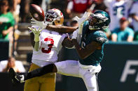 Philadelphia Eagles wide receiver DeVonta Smith (6) fails to catch a pass as San Francisco 49ers strong safety Jaquiski Tartt (3) defends during the first half of an NFL football game Sunday, Sept. 19, 2021, in Philadelphia. (AP Photo/Matt Slocum)