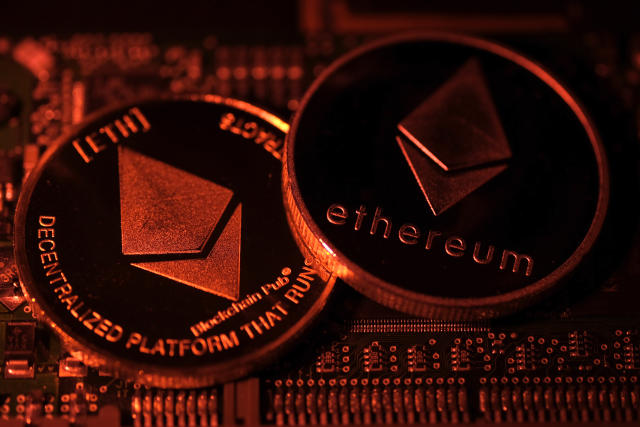 KATWIJK, NETHERLANDS - JANUARY 3: In this photo illustration, visual representations of digital cryptocurrency Ethereum (ETH) are arranged on a circuit board of a hard drive on January 3, 2021 in Katwijk, Netherlands.  (Photo by Yuriko Nakao/Getty Images)