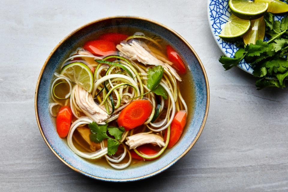 Not only is this chicken soup just as warm and comforting as grandma’s—it's also gluten-free, thanks to spiralized zucchini “noodles.” <a href="https://www.epicurious.com/recipes/food/views/gingery-chicken-soup-with-zucchini-noodles?mbid=synd_yahoo_rss" rel="nofollow noopener" target="_blank" data-ylk="slk:See recipe." class="link ">See recipe.</a>